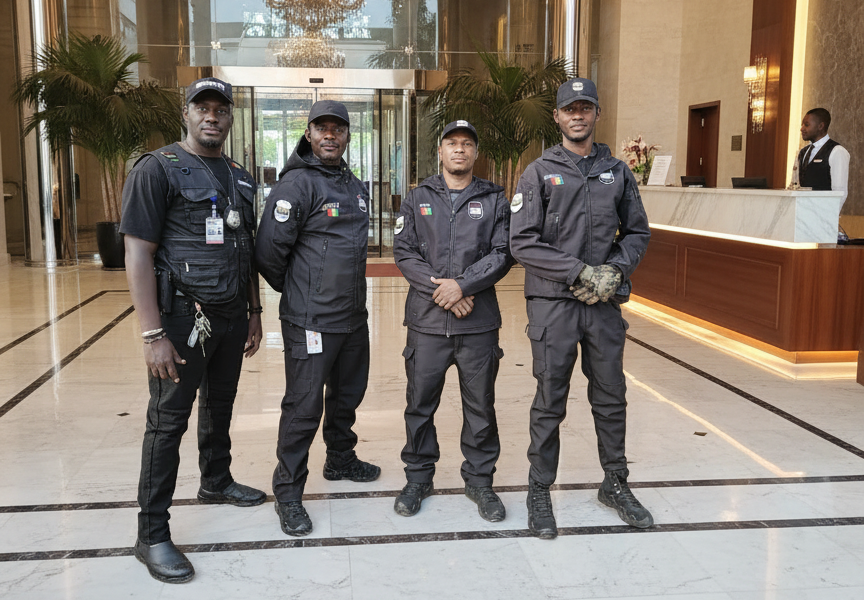 Professional security guard in dark uniform at building entrance at night, focused expression, dim architectural lighting